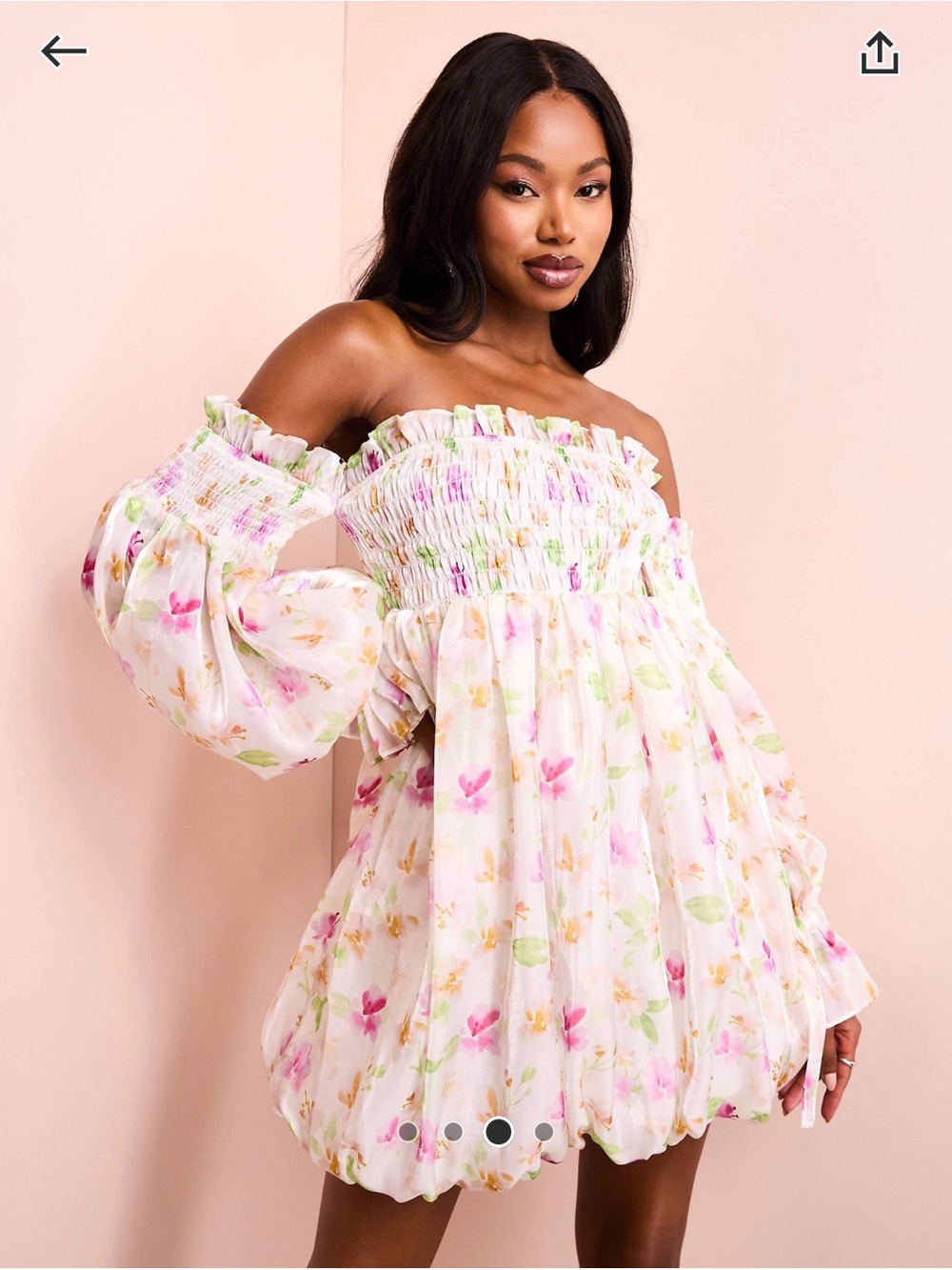 ASOS White Floral Smocked Off-Shoulder Mini Dress